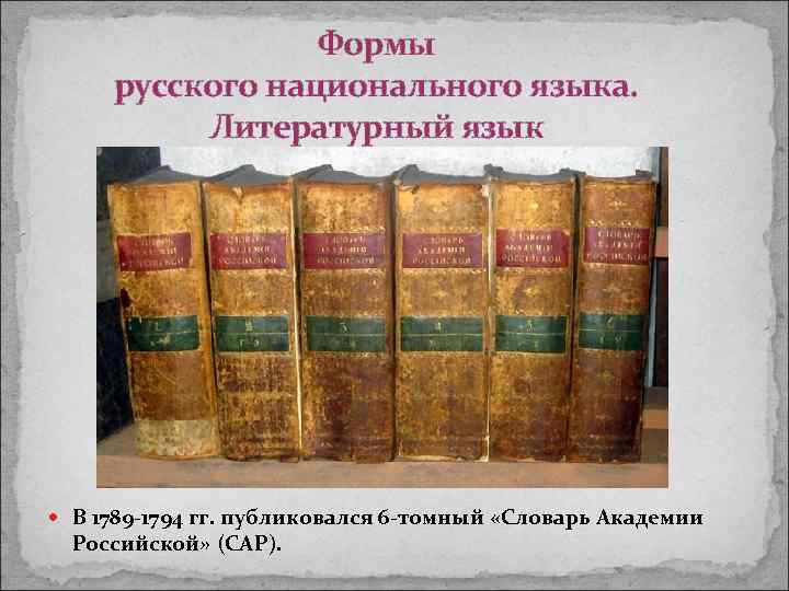 Формы русского национального языка. Литературный язык В 1789 -1794 гг. публиковался 6 -томный «Словарь