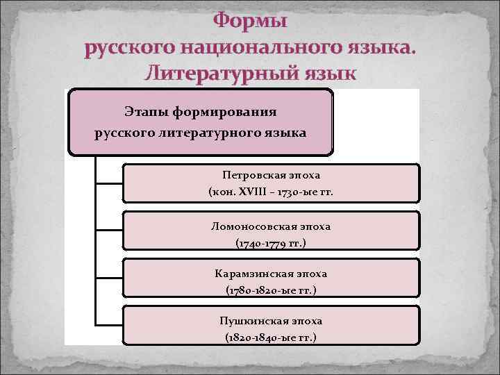 Формы русского национального языка. Литературный язык Этапы формирования русского литературного языка Петровская эпоха (кон.