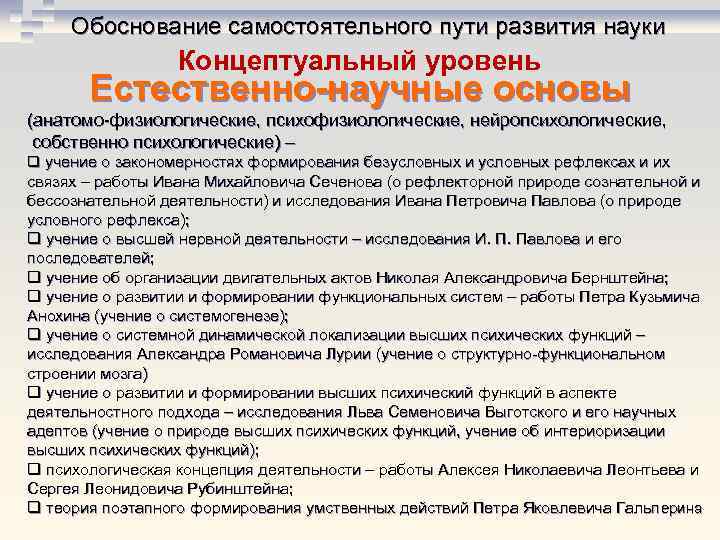 Обоснование самостоятельного пути развития науки Концептуальный уровень Естественно-научные основы (анатомо физиологические, психофизиологические, нейропсихологические, собственно
