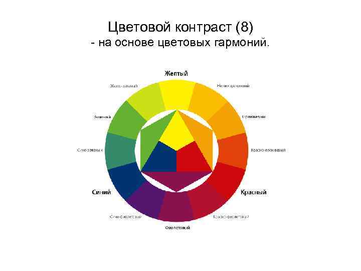 Цветовой контраст (8) - на основе цветовых гармоний. 