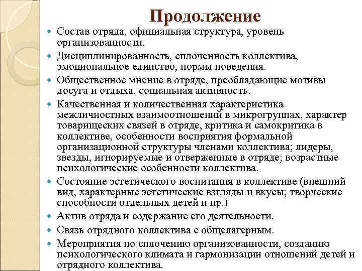 Продолжение Состав отряда, официальная структура, уровень организованности. Дисциплинированность, сплоченность коллектива, эмоциональное единство, нормы поведения.