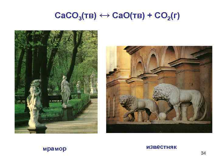 Ca. CO 3(тв) ↔ Ca. O(тв) + СO 2(г) мрамор известняк 34 