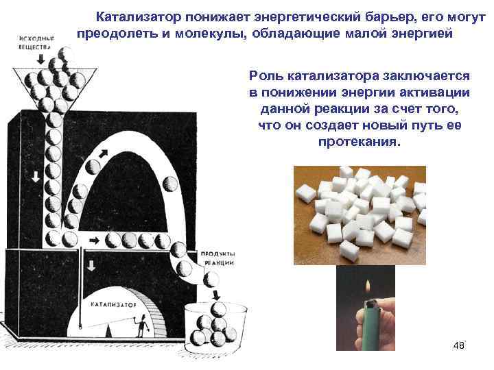  Катализатор понижает энергетический барьер, его могут преодолеть и молекулы, обладающие малой энергией Роль