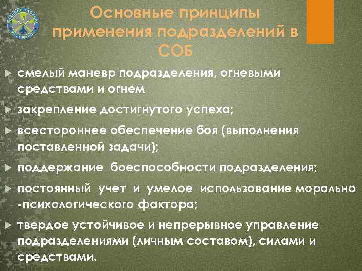 Основные принципы применения подразделений в СОБ смелый маневр подразделения, огневыми средствами и огнем закрепление