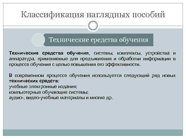 Классификация наглядных пособий Технические средства обучения, системы, комплексы, устройства и аппаратура, применяемые для предъявления