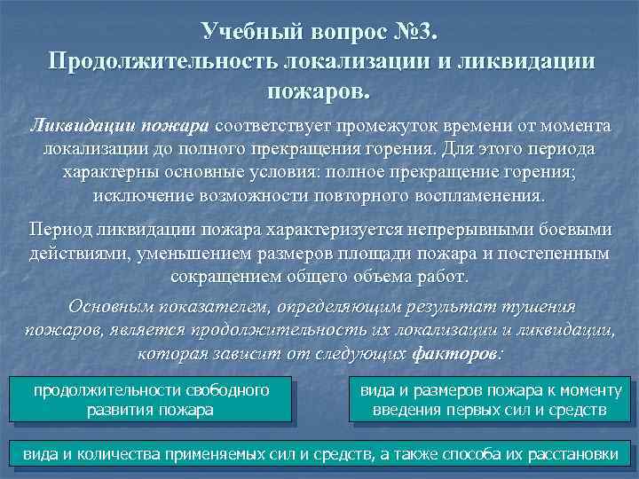 Учебный вопрос № 3. Продолжительность локализации и ликвидации пожаров. Ликвидации пожара соответствует промежуток времени