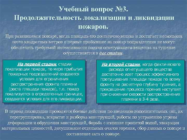Учебный вопрос № 3. Продолжительность локализации и ликвидации пожаров. При развившемся пожаре, когда площадь