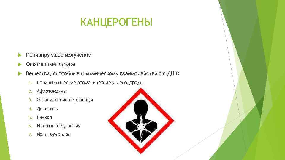 КАНЦЕРОГЕНЫ Ионизирующее излучение Онкогенные вирусы Вещества, способные к химическому взаимодействию с ДНК: 1. Полициклические