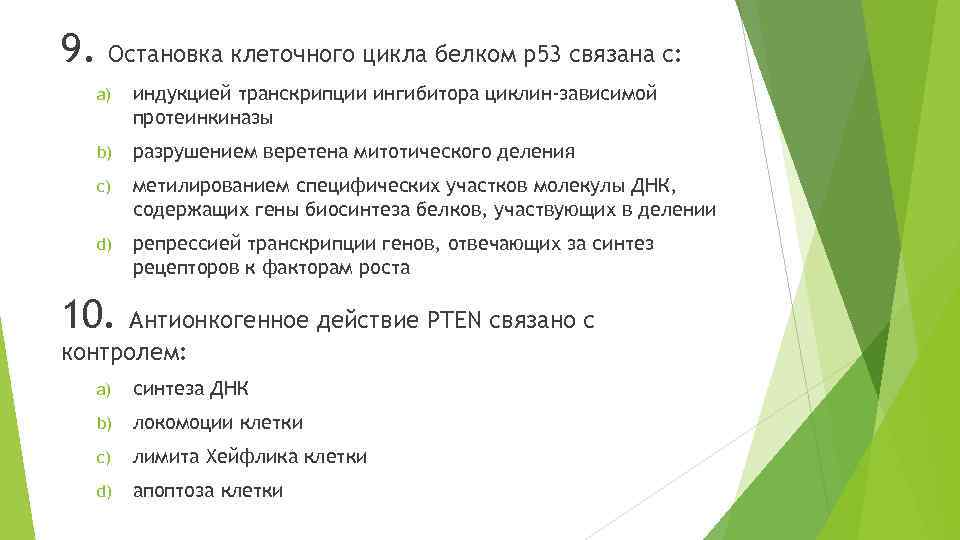 9. Остановка клеточного цикла белком р53 связана с: a) индукцией транскрипции ингибитора циклин-зависимой протеинкиназы