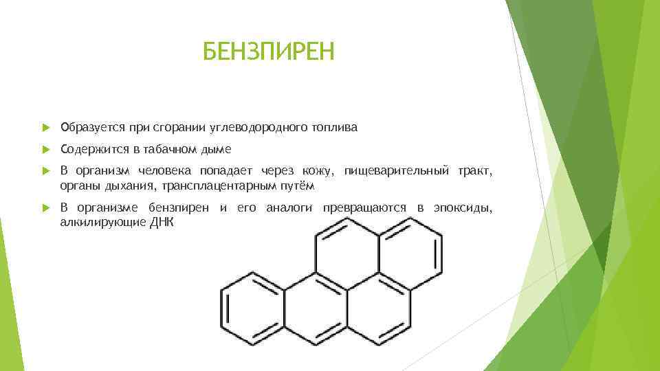 БЕНЗПИРЕН Образуется при сгорании углеводородного топлива Содержится в табачном дыме В организм человека попадает