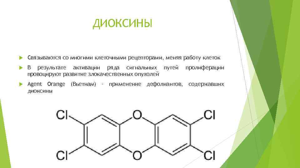 ДИОКСИНЫ Связываются со многими клеточными рецепторами, меняя работу клеток В результате активации ряда сигнальных