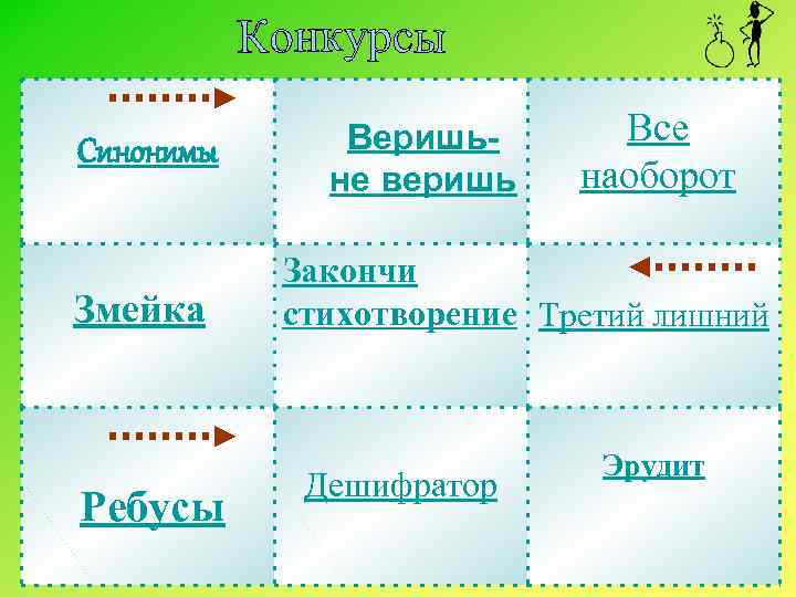 Синонимы Змейка Ребусы Веришьне веришь Все наоборот Закончи стихотворение Третий лишний Дешифратор Эрудит 