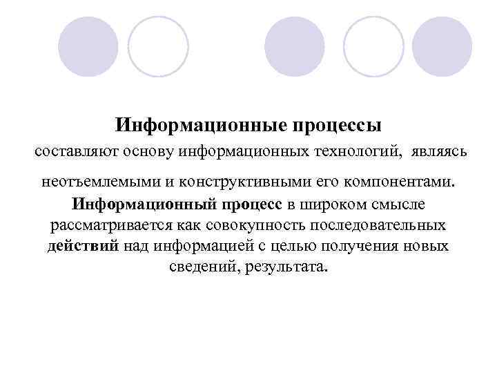 Информационные процессы составляют основу информационных технологий, являясь неотъемлемыми и конструктивными его компонентами. Информационный процесс