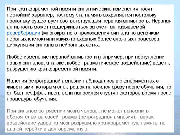 При кратковременной памяти синаптические изменения носят нестойкий характер, поэтому эта память сохраняется постольку поскольку