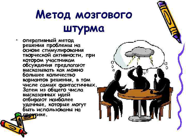 Метод мозгового штурма • оперативный метод решения проблемы на основе стимулирования творческой активности, при