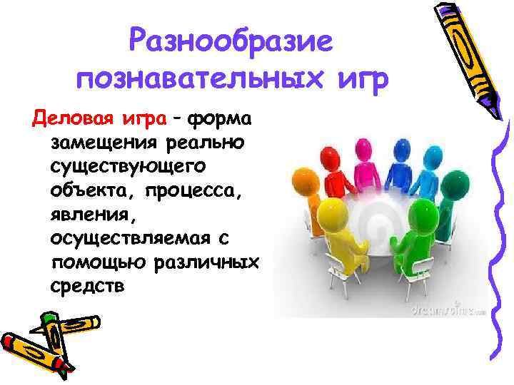 Разнообразие познавательных игр Деловая игра – форма замещения реально существующего объекта, процесса, явления, осуществляемая