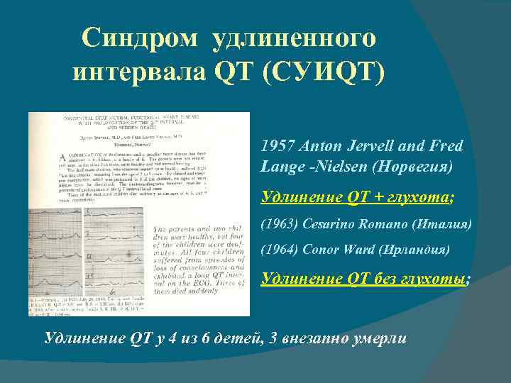 Синдром удлиненного интервала QT (СУИQT) 1957 Anton Jervell and Fred Lange -Nielsen (Норвегия) Удлинение