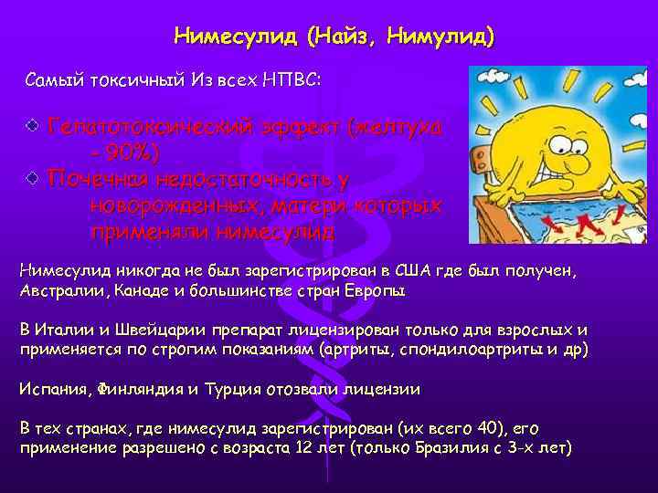 Нимесулид (Найз, Нимулид) Самый токсичный Из всех НПВС: Гепатотоксический эффект (желтуха - 90%) Почечная