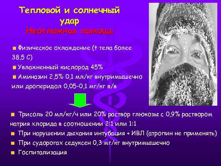 Тепловой и солнечный удар Неотложная помощь Физическое охлаждение (t тела более 38, 5 С)