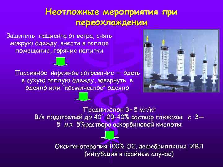 Неотложные мероприятия при переохлаждении Защитить пациента от ветра, снять мокрую одежду, внести в теплое