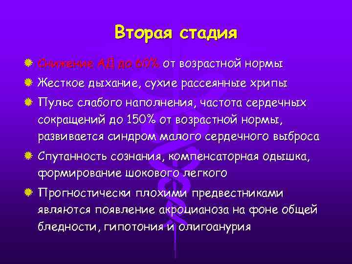 Вторая стадия Снижение АД до 60% от возрастной нормы Жесткое дыхание, сухие рассеянные хрипы