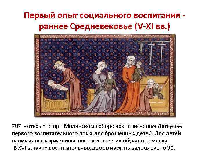 Первый опыт социального воспитания раннее Средневековье (V-XI вв. ) 787 - открытие при Миланском