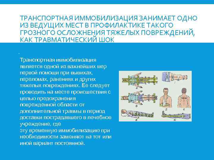 ТРАНСПОРТНАЯ ИММОБИЛИЗАЦИЯ ЗАНИМАЕТ ОДНО ИЗ ВЕДУЩИХ МЕСТ В ПРОФИЛАКТИКЕ ТАКОГО ГРОЗНОГО ОСЛОЖНЕНИЯ ТЯЖЕЛЫХ ПОВРЕЖДЕНИЙ,
