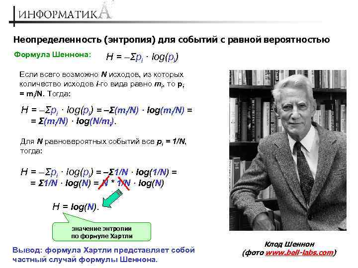 Формула энтропии шеннона