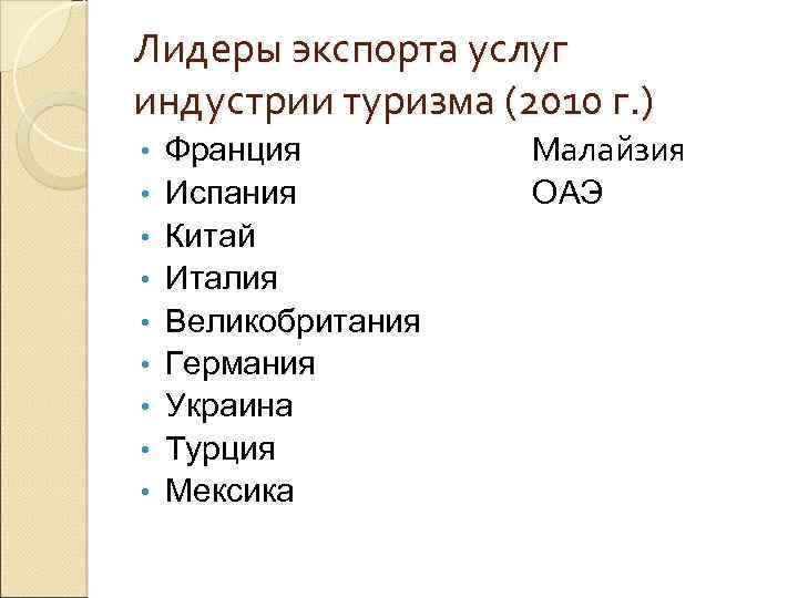 Лидеры экспорта услуг индустрии туризма (2010 г. ) • • • Франция Испания Китай