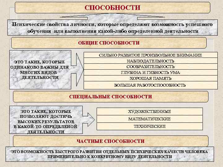 СПОСОБНОСТИ Психические свойства личности, которые определяют возможность успешного обучения или выполнения какой-либо определенной деятельности