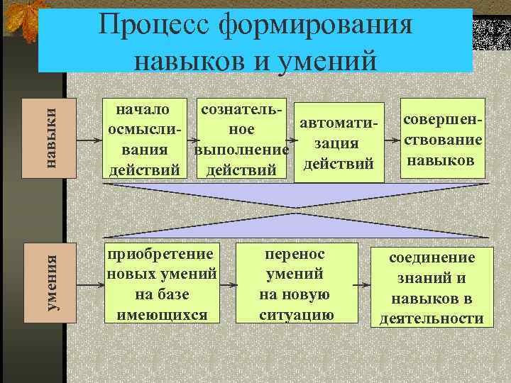 навыки начало сознательавтоматиосмыслиное зация вания выполнение действий умения Процесс формирования навыков и умений приобретение