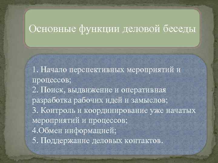 Основные функции деловой беседы 1. Начало перспективных мероприятий и процессов; 2. Поиск, выдвижение и