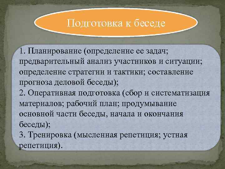 Подготовка к беседе 1. Планирование (определение ее задач; предварительный анализ участников и ситуации; определение
