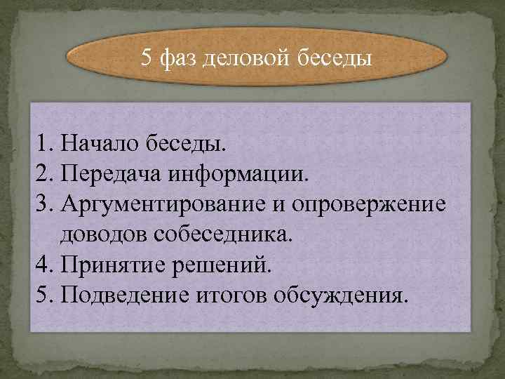5 фаз деловой беседы 1. Начало беседы. 2. Передача информации. 3. Аргументирование и опровержение