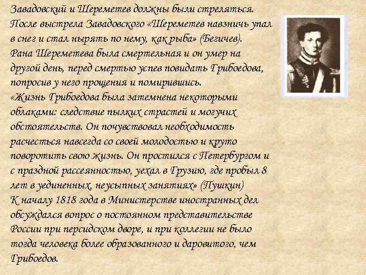 Завадовский и Шереметев должны были стреляться. После выстрела Завадовского «Шереметев навзничь упал в снег