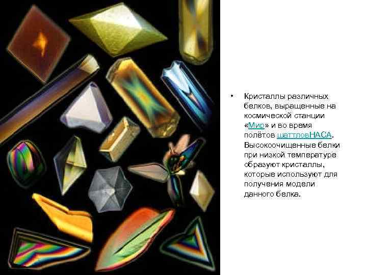  • Кристаллы различных белков, выращенные на космической станции «Мир» и во время полётов
