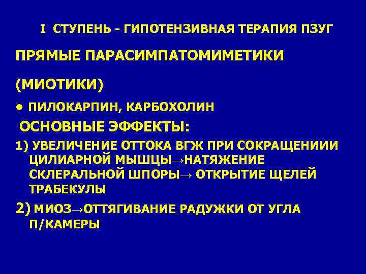  I СТУПЕНЬ - ГИПОТЕНЗИВНАЯ ТЕРАПИЯ ПЗУГ ПРЯМЫЕ ПАРАСИМПАТОМИМЕТИКИ (МИОТИКИ) ● ПИЛОКАРПИН, КАРБОХОЛИН ОСНОВНЫЕ