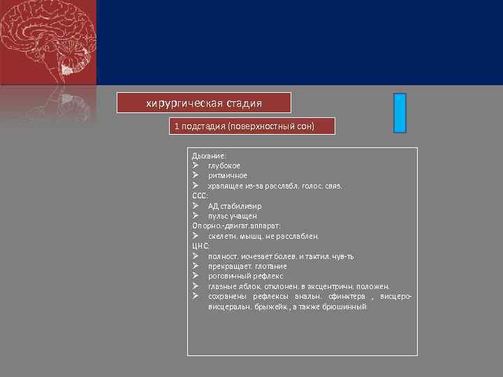 хирургическая стадия 1 подстадия (поверхностный сон) Дыхание: Ø глубокое Ø ритмичное Ø храпящее из-за