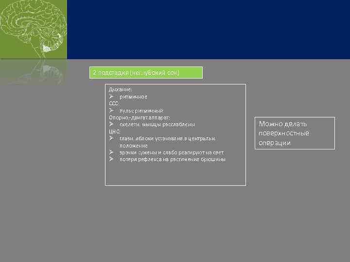 2 подстадия (неглубокий сон) Дыхание: Ø ритмичное ССС: Ø пульс ритмичный Опорно. -двигат. аппарат: