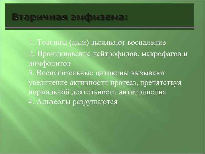  1. Токсины (дым) вызывают воспаление 2. Проникновение нейтрофилов, макрофагов и лимфоцитов 3. Воспалительные