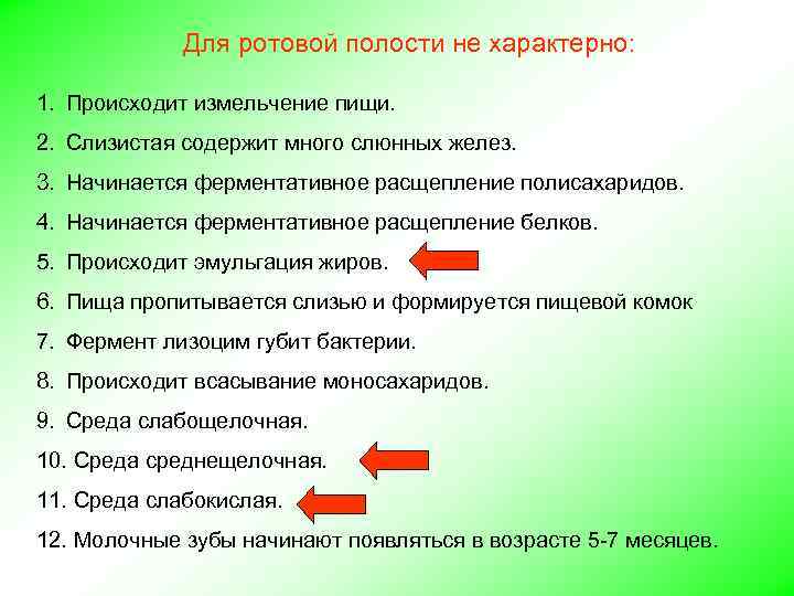 Для ротовой полости не характерно: 1. Происходит измельчение пищи. 2. Слизистая содержит много слюнных