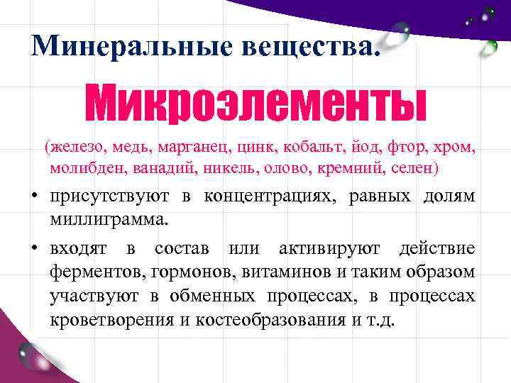 Минеральные вещества. Микроэлементы (железо, медь, марганец, цинк, кобальт, йод, фтор, хром, молибден, ванадий, никель,