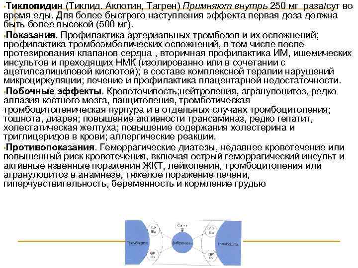  • Тиклопидин (Тиклид. Аклотин, Тагрен) Примняют внутрь 250 мг раза/сут во время еды.