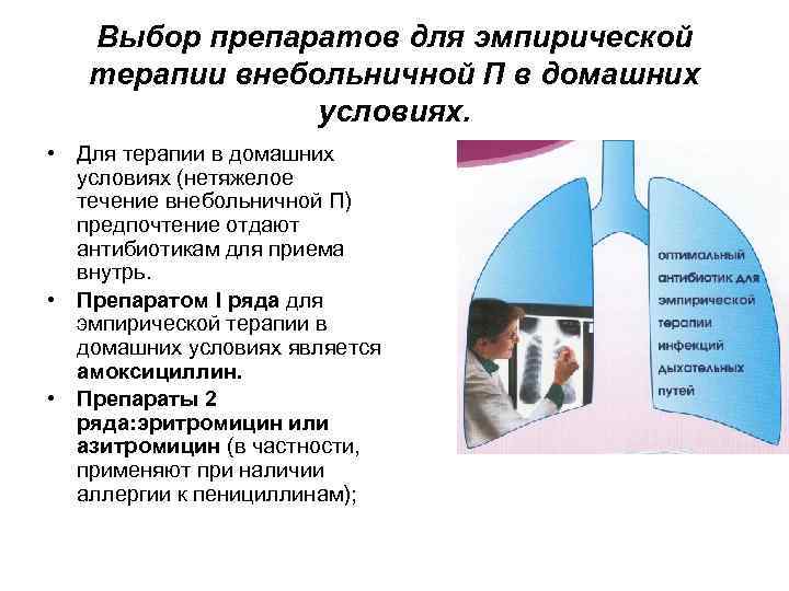 Выбор препаратов для эмпирической терапии внебольничной П в домашних условиях. • Для терапии в