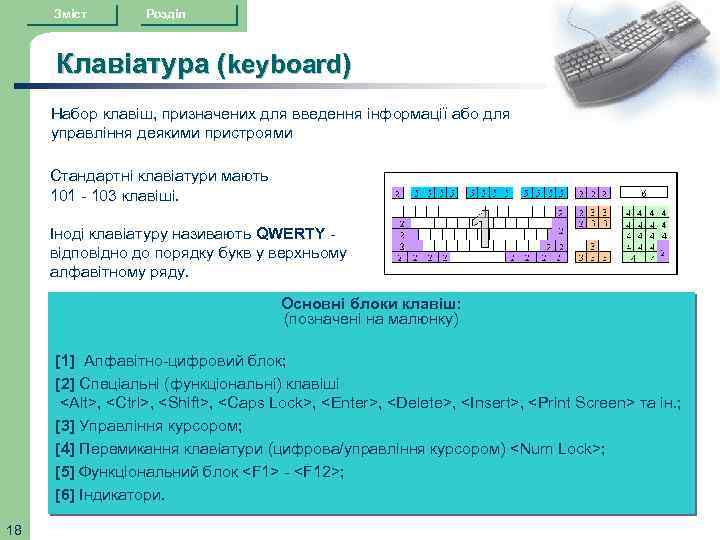 Зміст Розділ Клавіатура (keyboard) Набор клавіш, призначених для введення інформації або для управління деякими