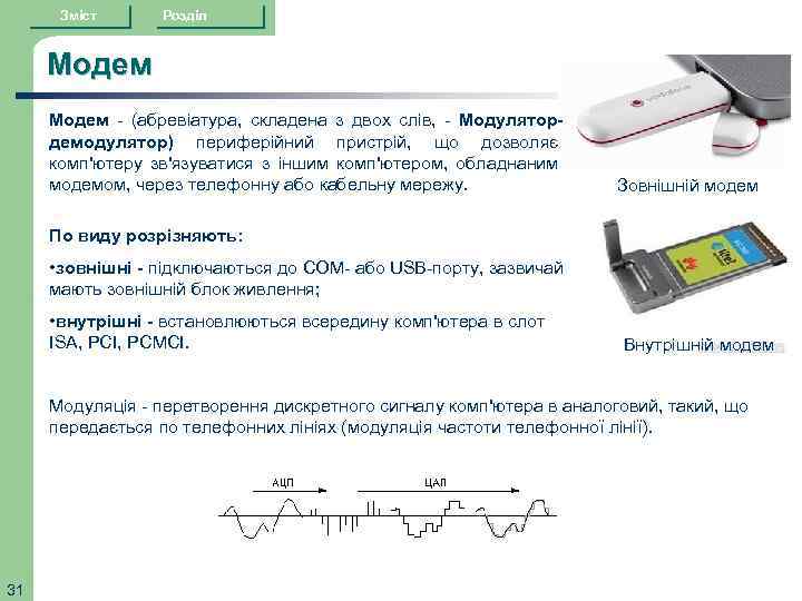 Зміст Розділ Модем - (абревіатура, складена з двох слів, - Модулятордемодулятор) периферійний пристрій, що