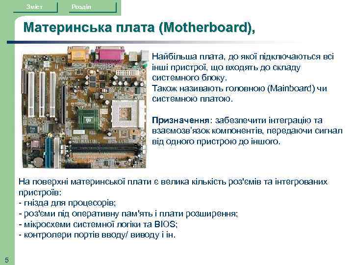 Зміст Розділ Материнська плата (Motherboard), Найбільша плата, до якої підключаються всі інші пристрої, що