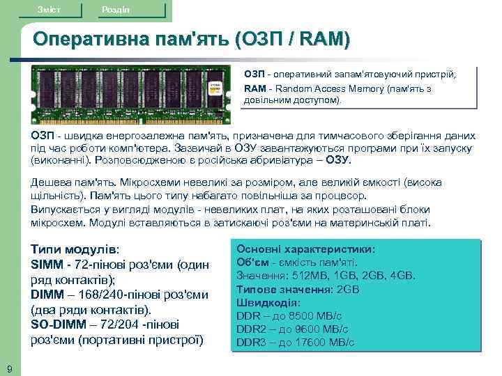 Зміст Розділ Оперативна пам'ять (ОЗП / RAM) ОЗП - оперативний запам'ятовуючий пристрій; RAM -