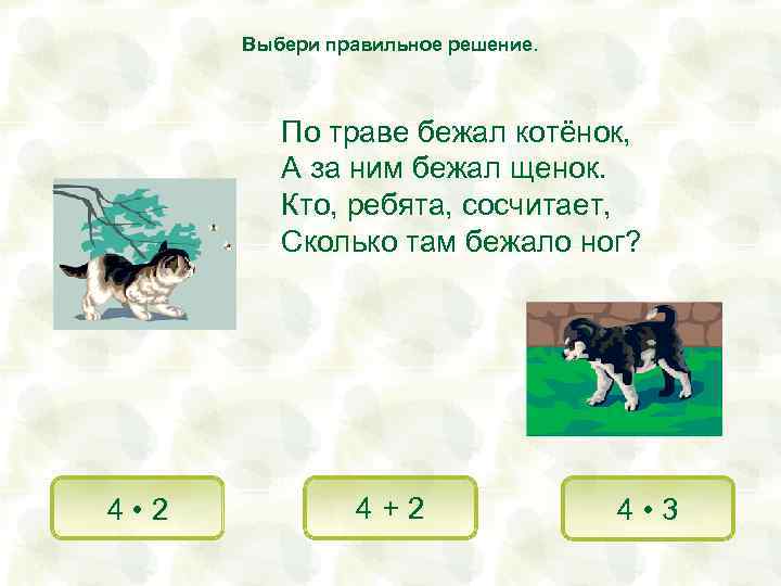 Выбери правильное решение. По траве бежал котёнок, А за ним бежал щенок. Кто, ребята,