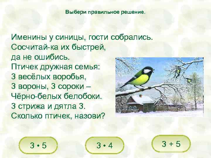 Выбери правильное решение. Именины у синицы, гости собрались. Сосчитай-ка их быстрей, да не ошибись.